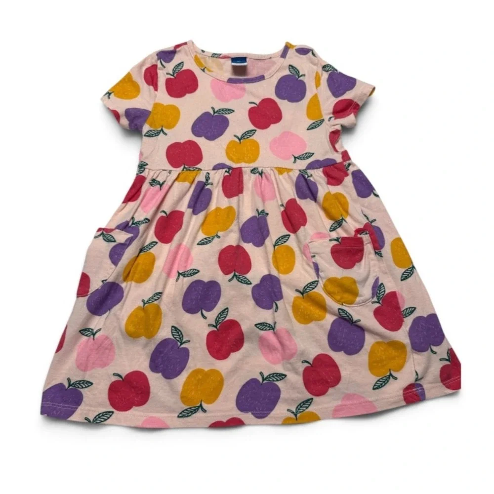 Old Navy Girls 3T Apple Print Dress Pink Cotton Jersey Toddler A Line Pocket